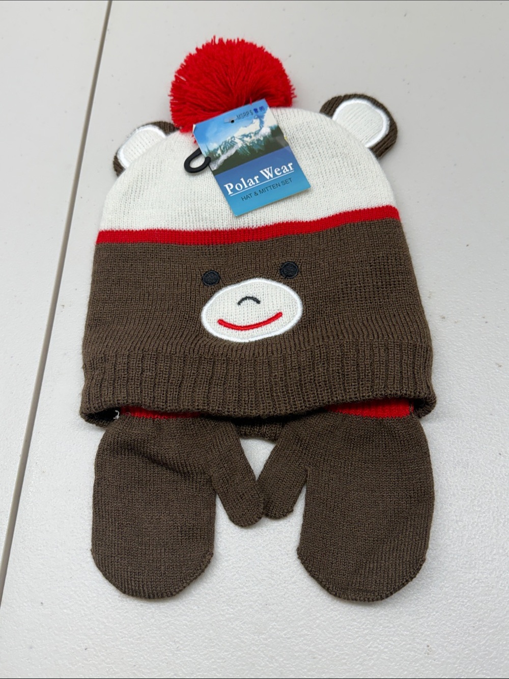 Kids Brown & White Bear Hat with Red Pom
